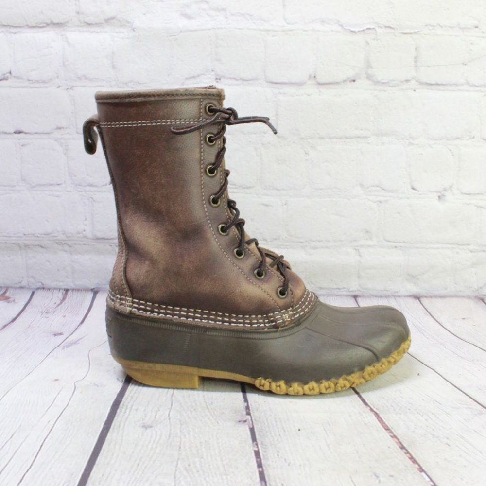 LL Bean 10" Brown Leather Shearling Lined Waterproof Duck Boots Size 8 M